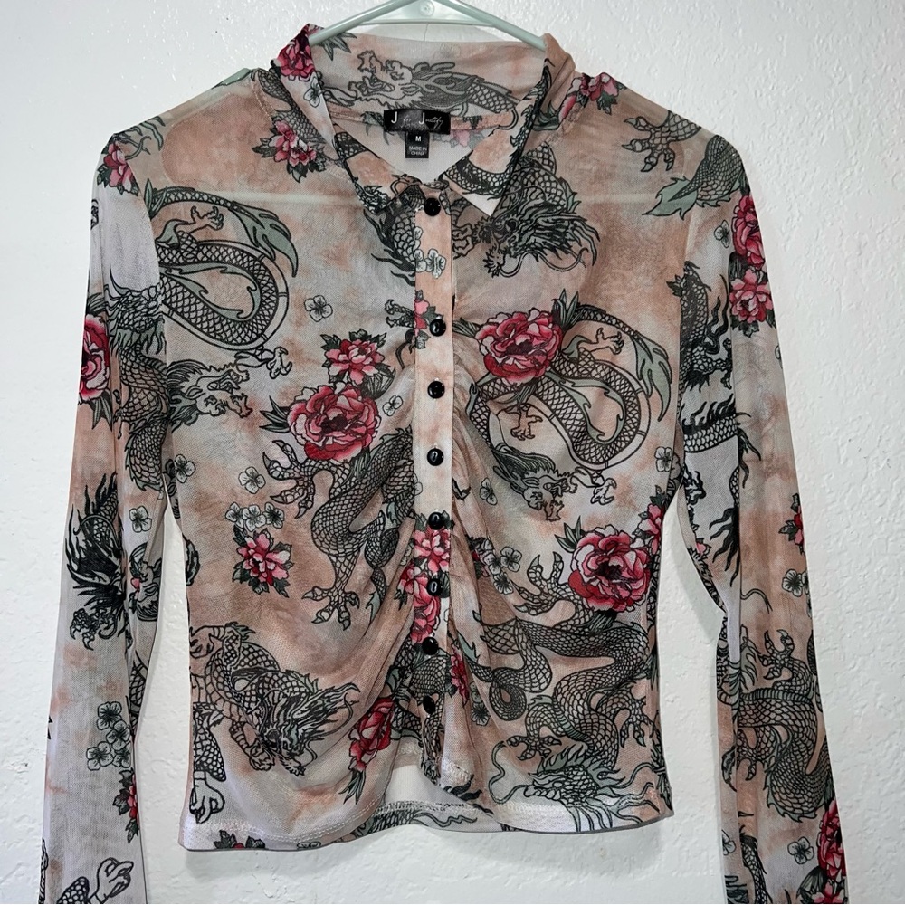 Pink and black dragon print mesh long sleeve button up